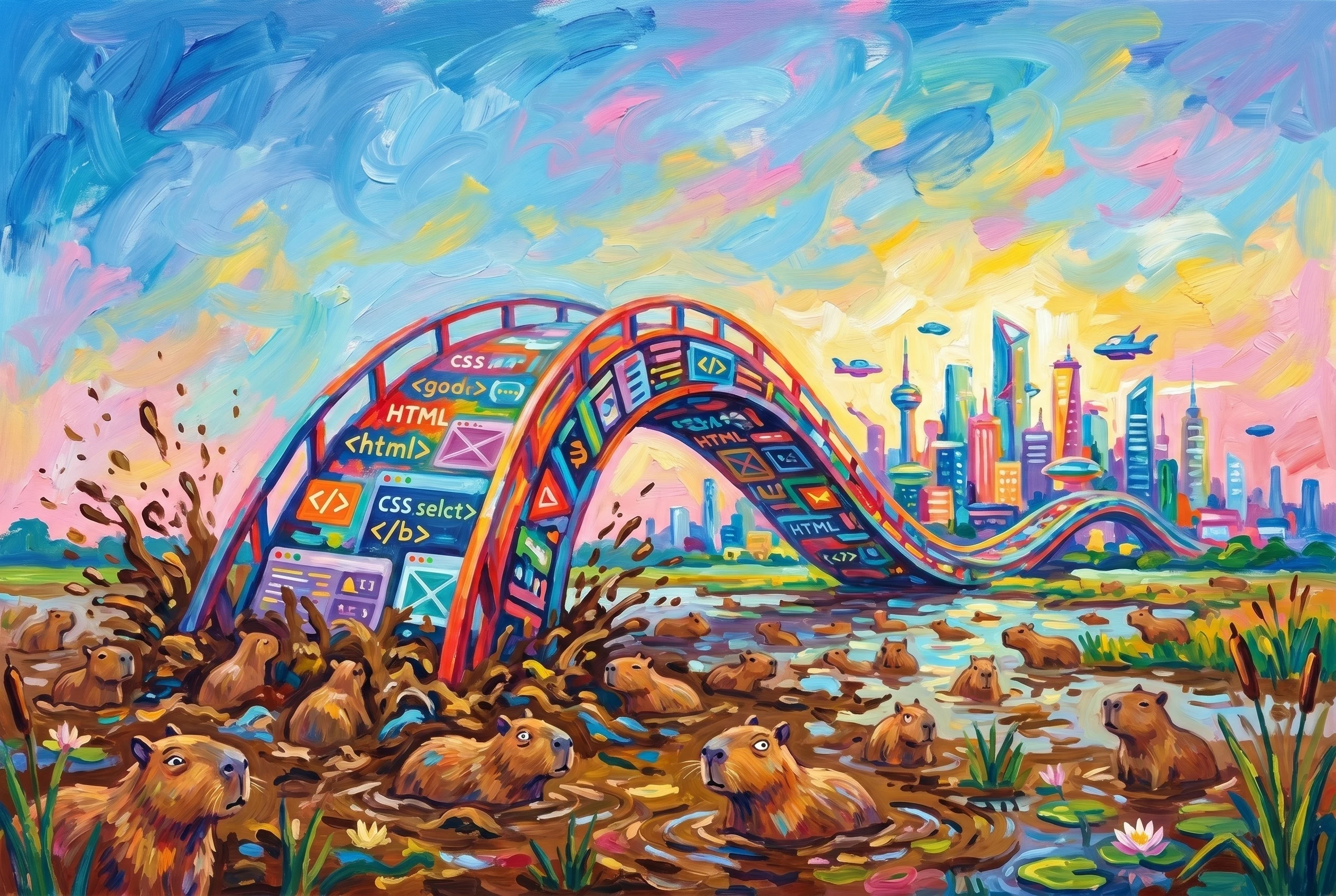 A Matisse-style painting of a majestic suspension bridge made of glowing blue holographic code, soaring through a vibrant sky. The bridge misses the gleaming futuristic city it was supposed to connect to, and lands in a muddy swamp full of confused capybaras.
