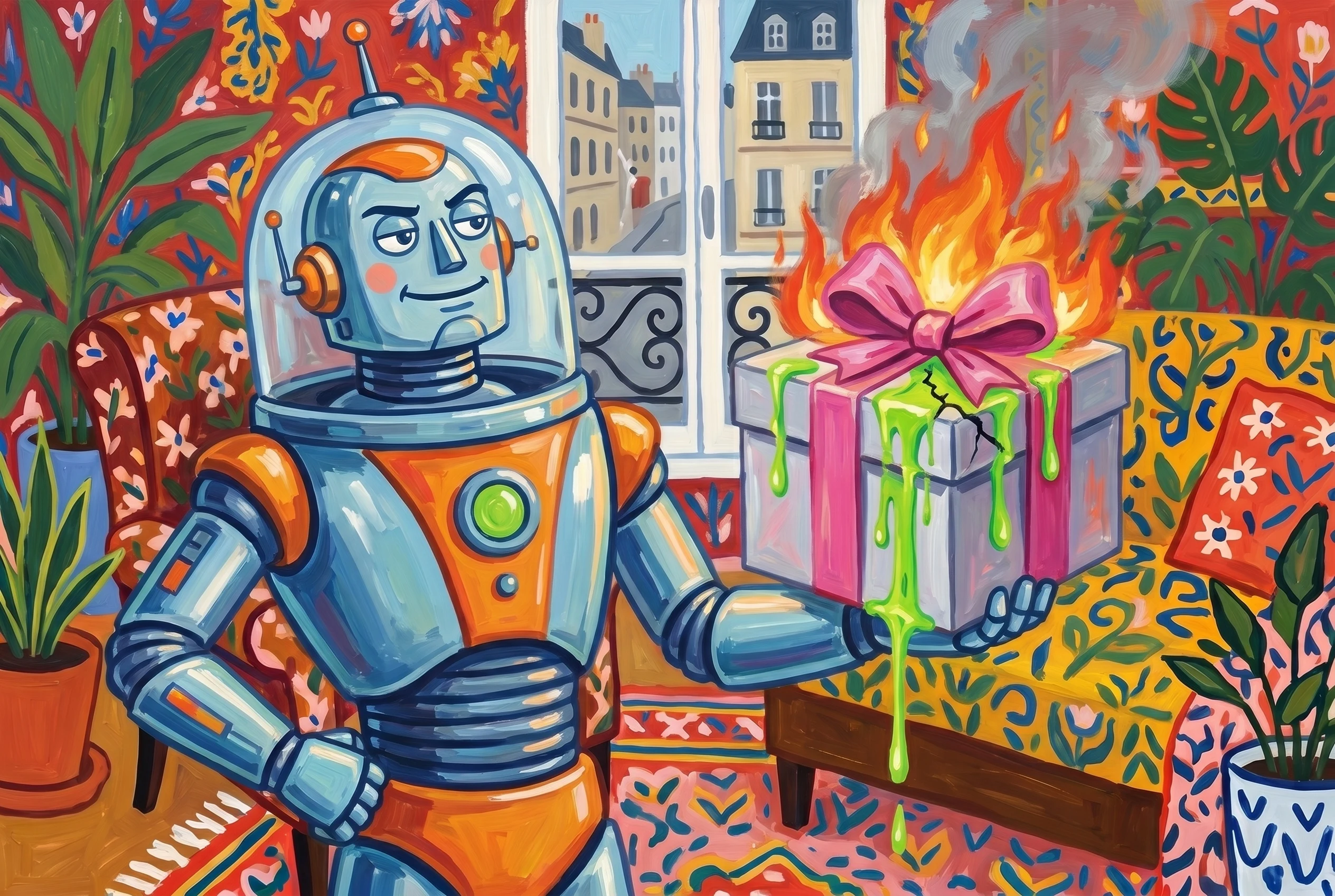 A Matisse-style painting of a smug robotic assistant proudly holding out a beautifully wrapped gift box that is on fire and leaking neon green slime. The robot is unbothered, beaming.