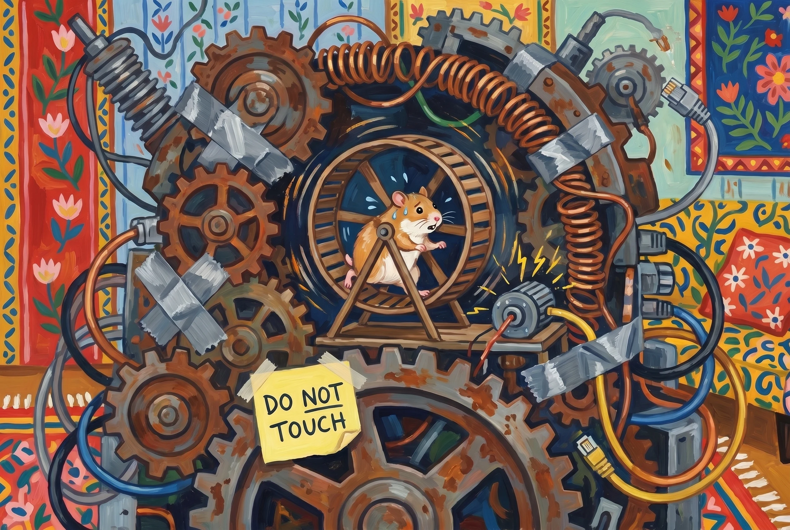 A Matisse-style painting of a towering steampunk machine held together by duct tape and tangled cables. In the center, a stressed sweat-drenched hamster runs on a wheel keeping the system from collapsing. A sticky note on the side reads 'DO NOT TOUCH'.
