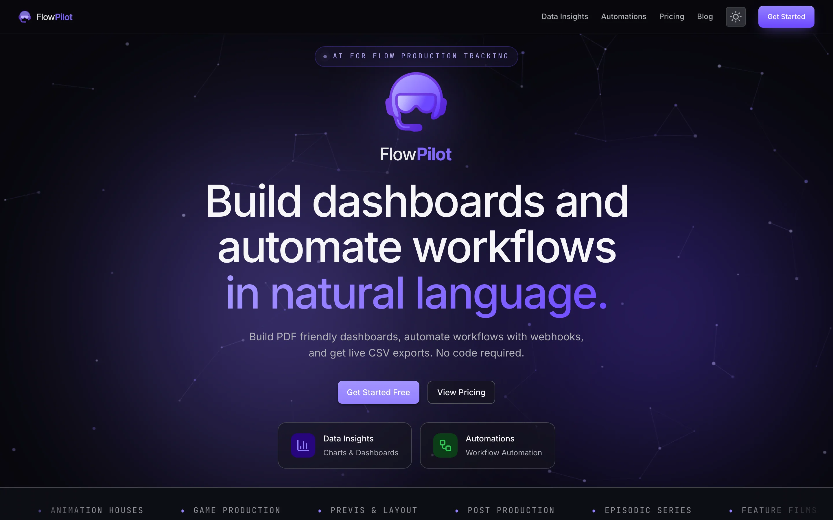 The same redesigned landing page in dark mode.