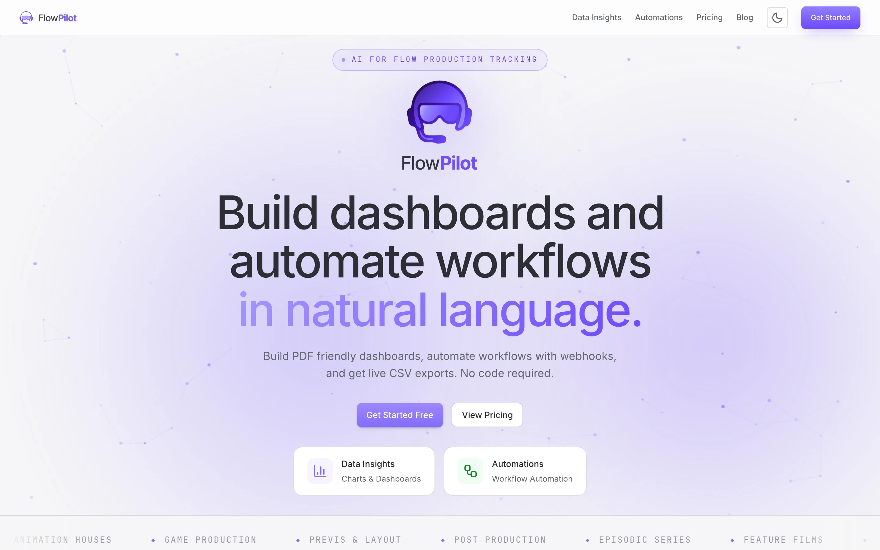 The redesigned FlowPilot landing page in light mode: glow blobs, the AI for Flow Production Tracking kicker pill, gradient headline 'in natural language', a marquee of production verticals peeking above the fold.
