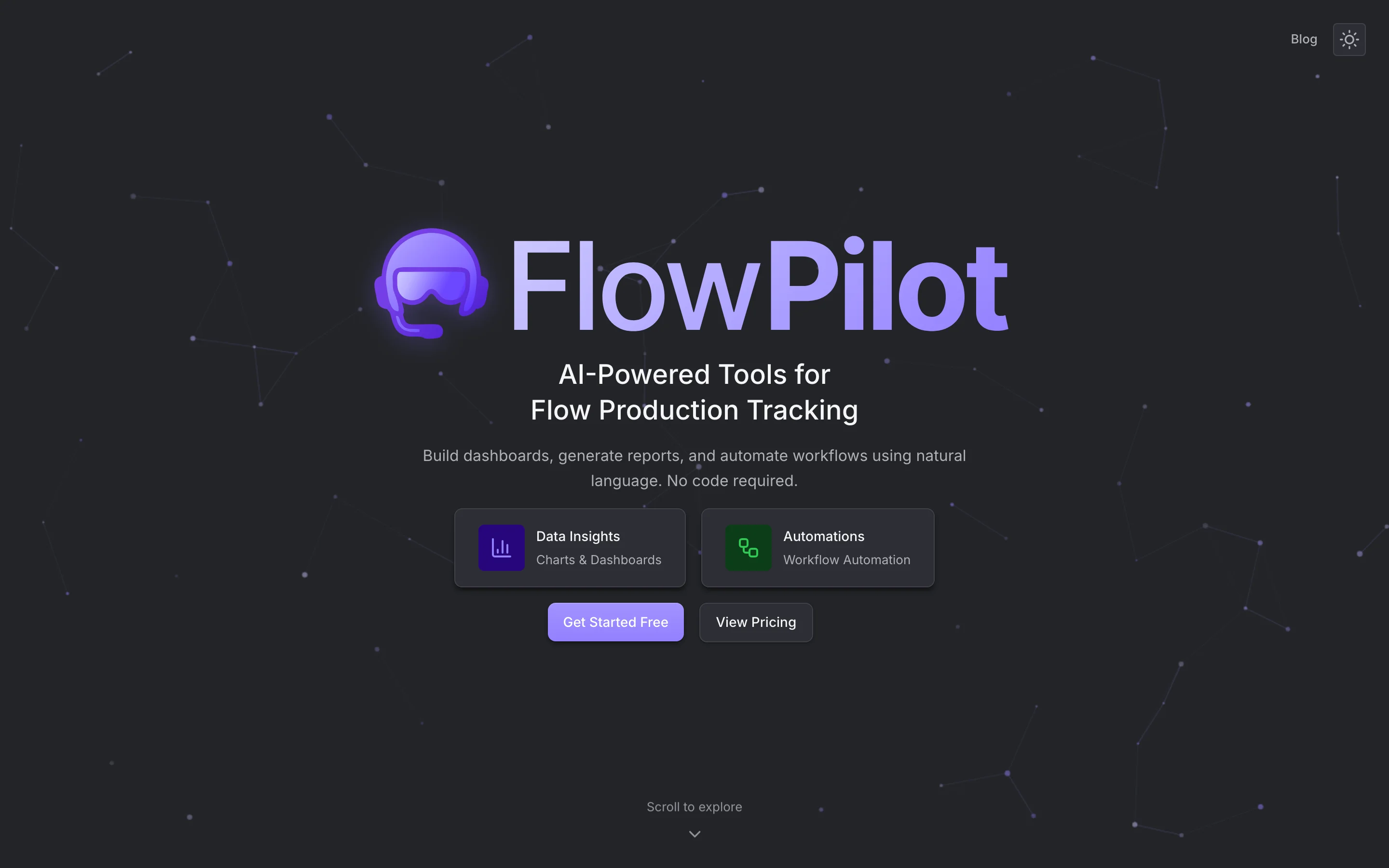 The same pre-redesign landing page in dark mode.