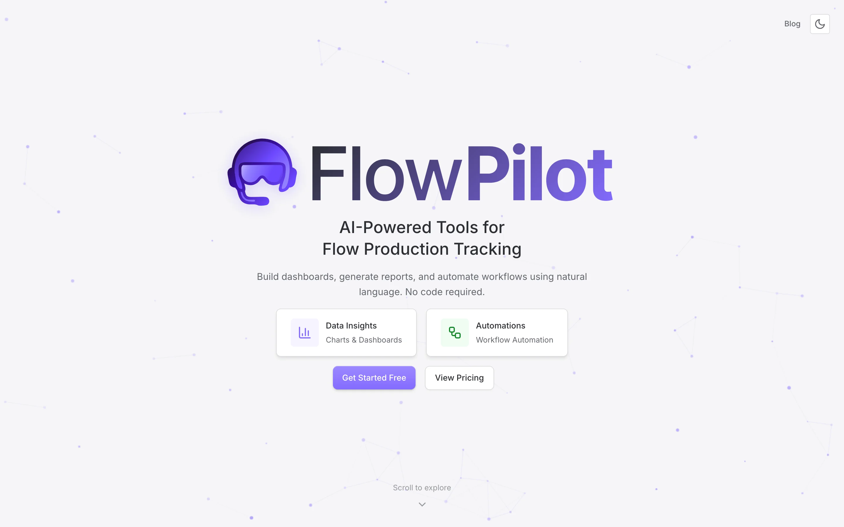 The pre-redesign FlowPilot landing page in light mode: large central FlowPilot wordmark, plain hero, Blog and theme toggle floating in the top-right, Scroll to explore indicator at the bottom.