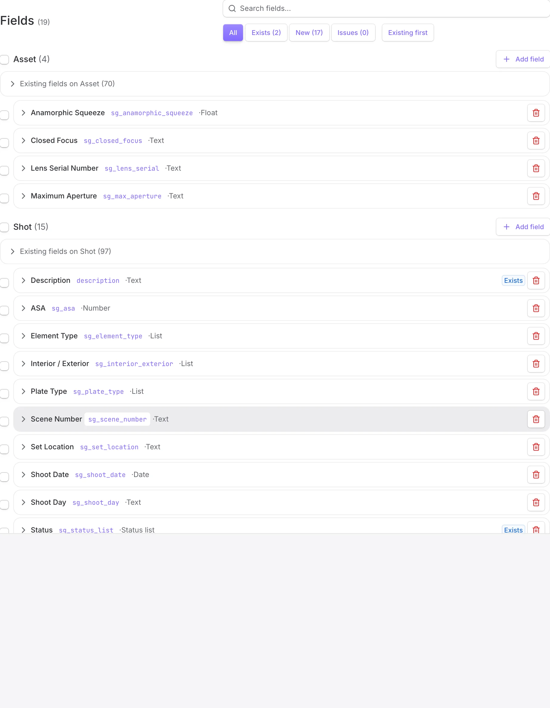 The fields section with Asset and Shot groups, status filter chips reading All, Exists 2, New 17, Issues 0, and a Description field marked Exists.