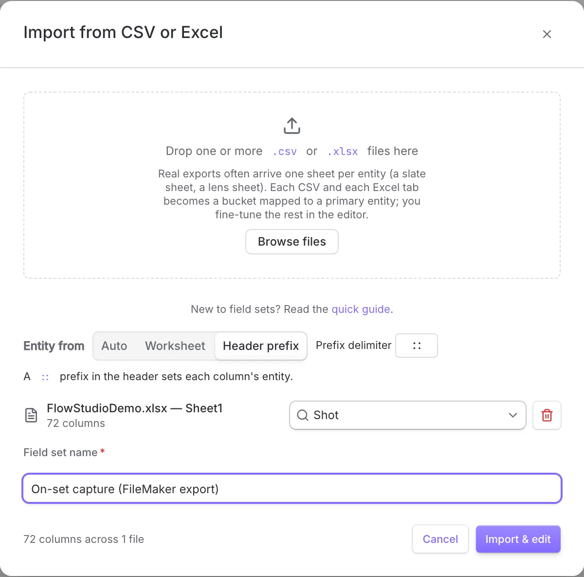 The Import from CSV or Excel dialog with FlowStudioDemo.xlsx loaded, 72 columns, the Entity from control set to Header prefix and a delimiter of two colons.