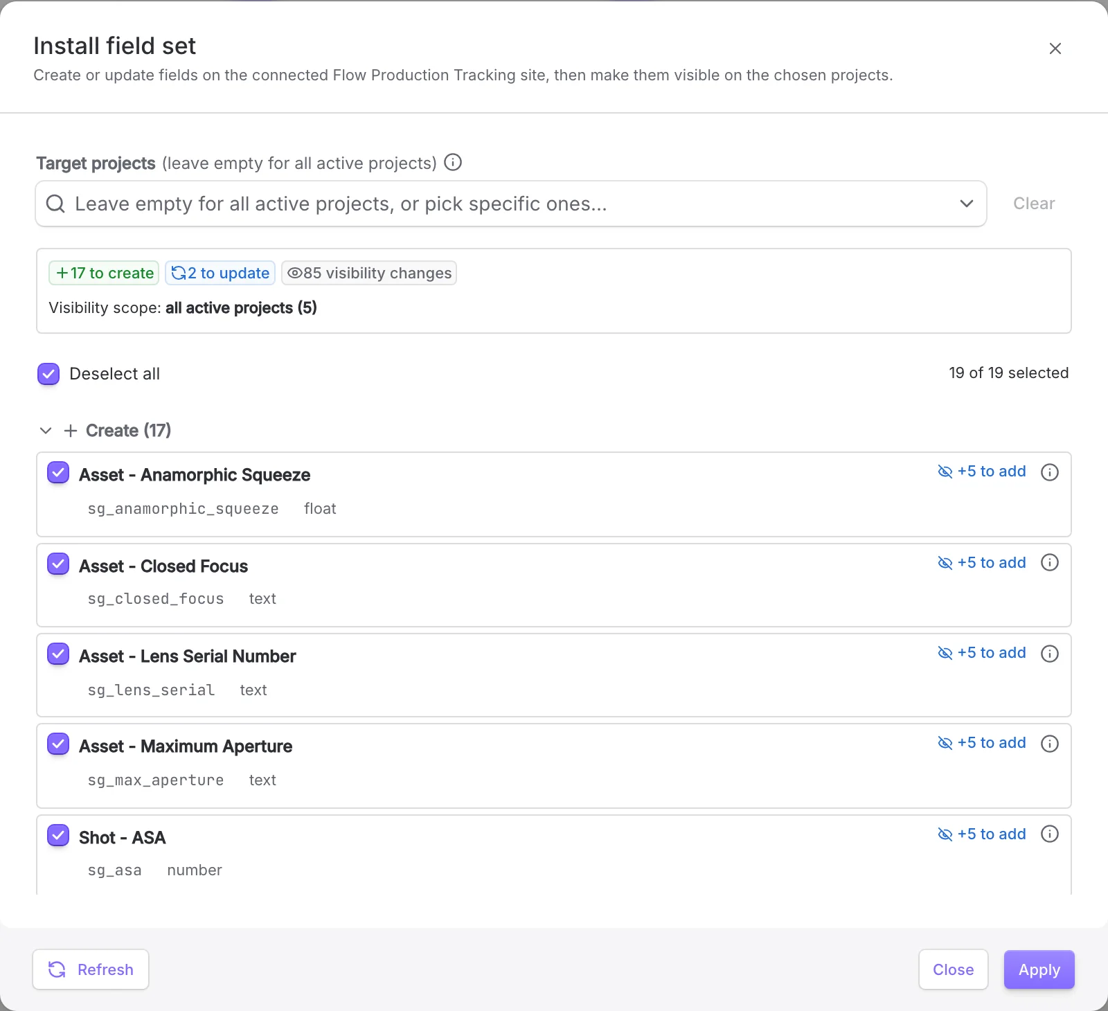 The Install field set dialog showing a plan: 17 to create, 2 to update, 85 visibility changes, scope of all active projects, and a Create group listing fields with per-field visibility chips.