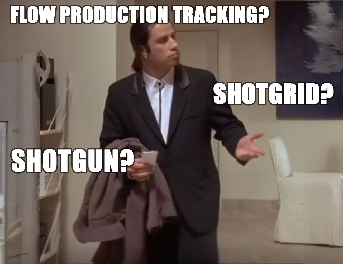 Confused John Travolta meme with Flow Production Tracking, ShotGrid, and Shotgun labels